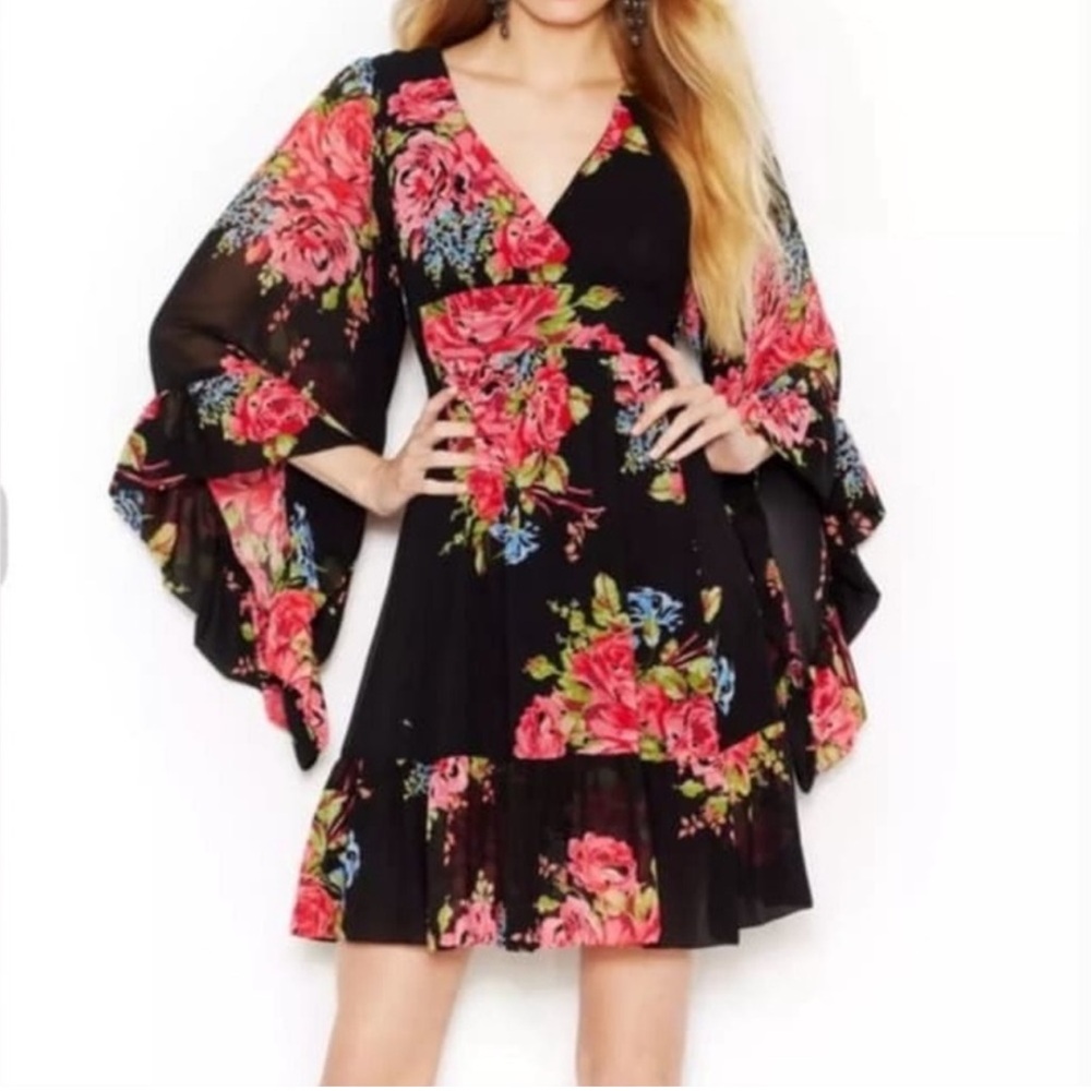 Betsey Johnson Bambi Dress Black Floral Bell Sleeve Ruffle Mini